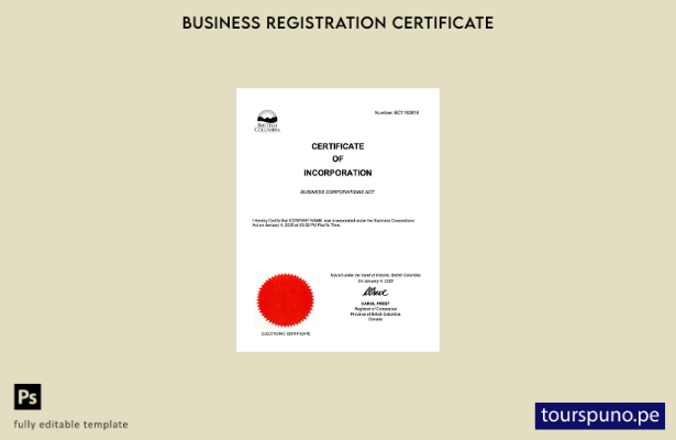 listo para imprimir certificado de incorporación de Columbia Británica Plantil 1